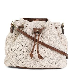 Patricia Nash Rare Unique Civetta Cotton Crochet Drawstring with Leather Trim